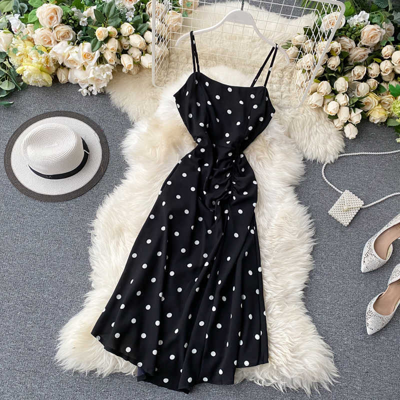 Spring Summer Fashion Polka Dot Print Sleeveless Pleated High Waist Dress Vestidos L487 210527