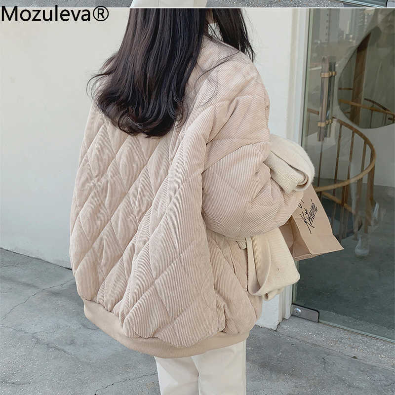 Mozuleva Autumn Winter Women thick Jackets V-neck Puffer Corduroy Parkas High-Quality Warm Oversize Vintage Wild Coat 210819