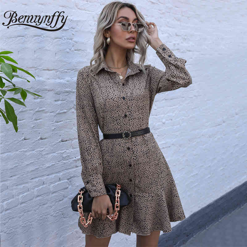 Turn-down Collar Print Shirt Dress Women Long Sleeve Button Up Ruffle Hem es Spring Office Ladies Mini 210510