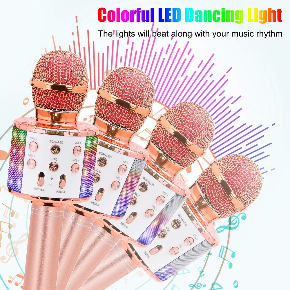 Wireless Karaoke Microphone Bluetooth Handheld Portable Speaker Home KTV Player with Dancing LED Lights Record Function for Kids