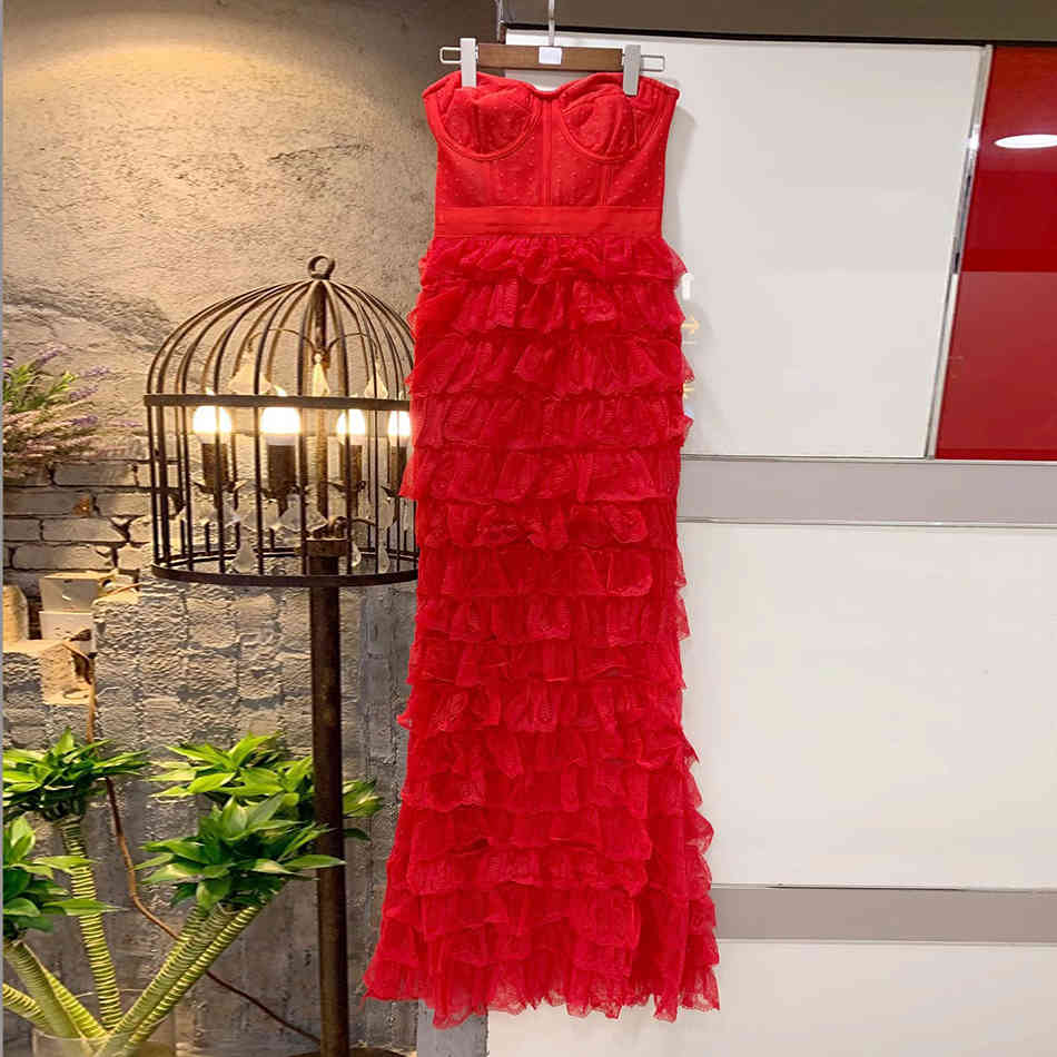 Free Women's Red Puffy Dress Sexy Wrapped Chest Sleeveless Backless Bodycon Ruffled Club Party Vestidos 210524