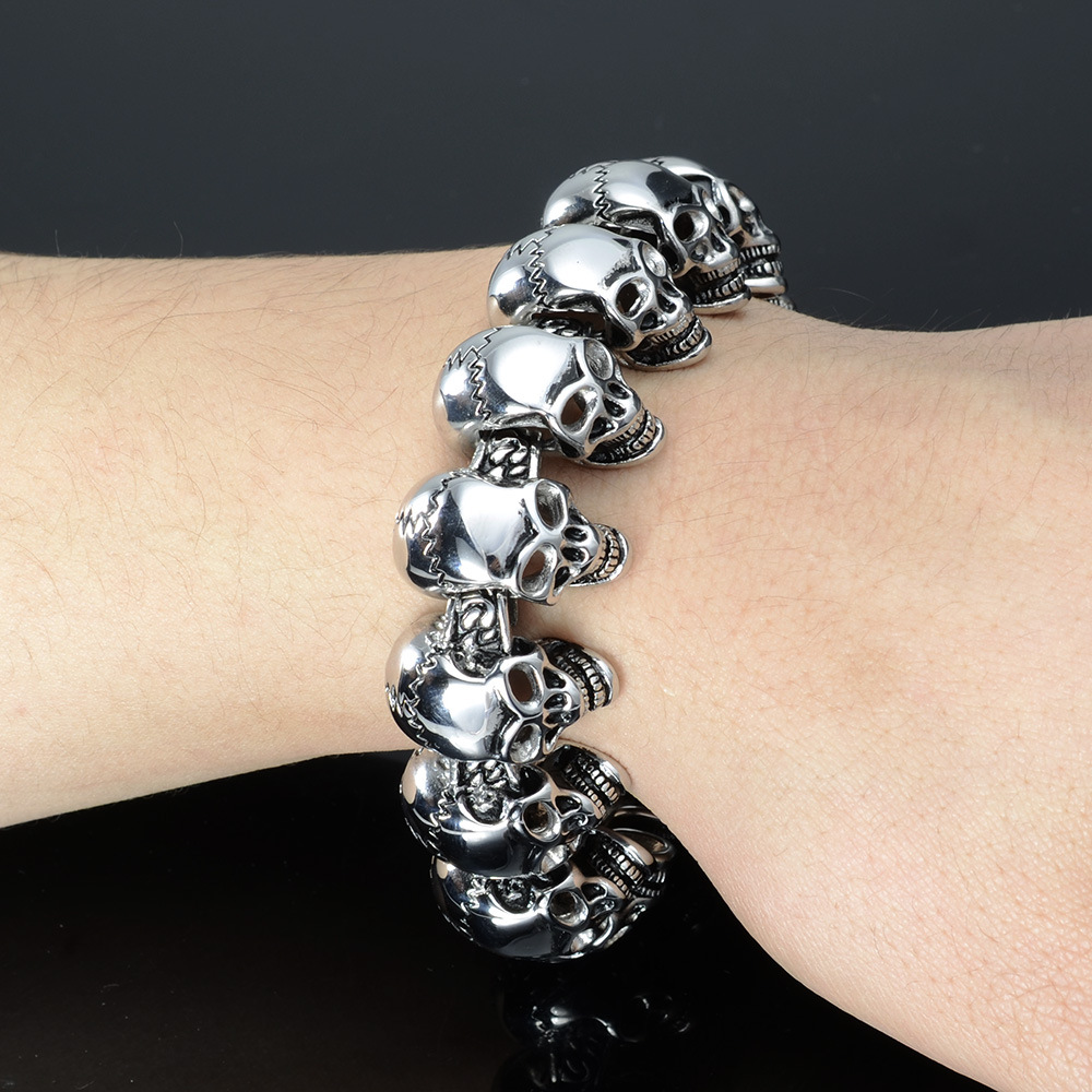 Large Heavy Mens Stainless Steel Skull Link Bracelet Biker Gothic Silver Color High Polished 8.5 Inches