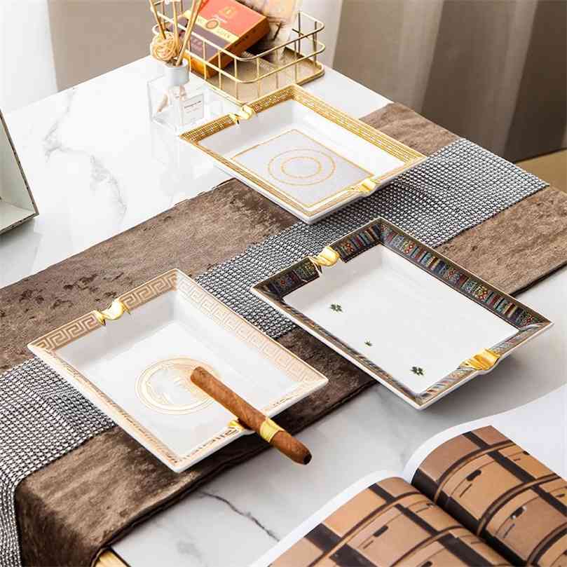 European Luxury Grid Pattern Ceramic Cigar Ashtray With Ash Tray Holder Decoration Business Gifts Human Head 210902
