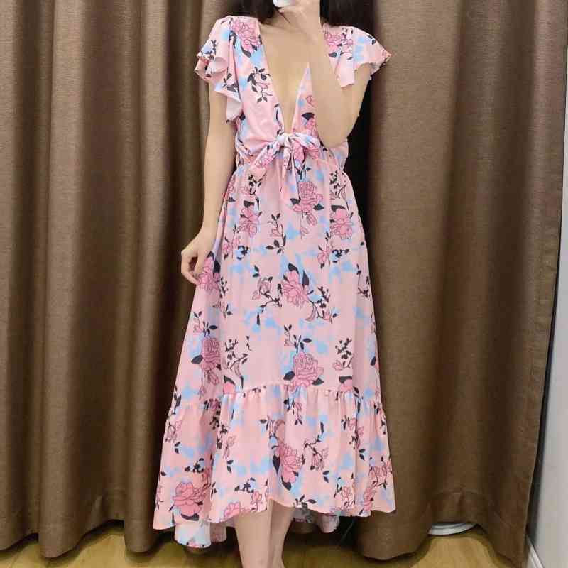 Summer Women Flower Print Deep V Neck Lace Up Bow Midi Dress Female Short Sleeve Clothes Casual Lady Loose Vestido D7515 210430Z