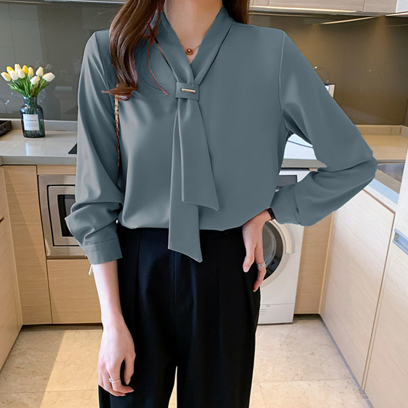 Spring Chiffon Women Blouse Fashion Office Lady Long Sleeve Solid Shirt with Tie V Neck Loose Top Female 13022 210427