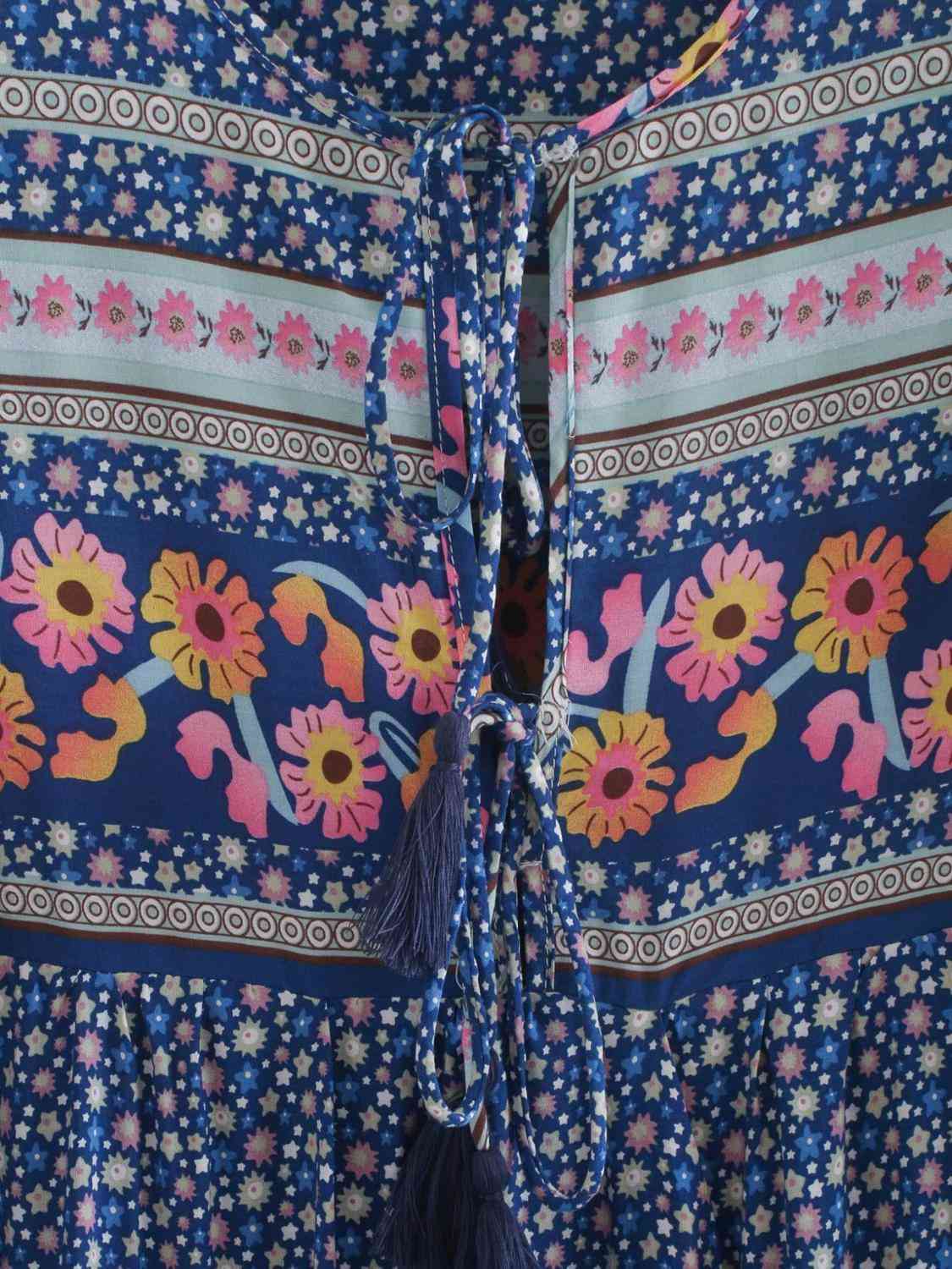 Bohemia Lacing up V neck Blue flower Print Long Dress Ethnic Woman Tassel Strappy Sleeve Holiday Dresses Beach 210429