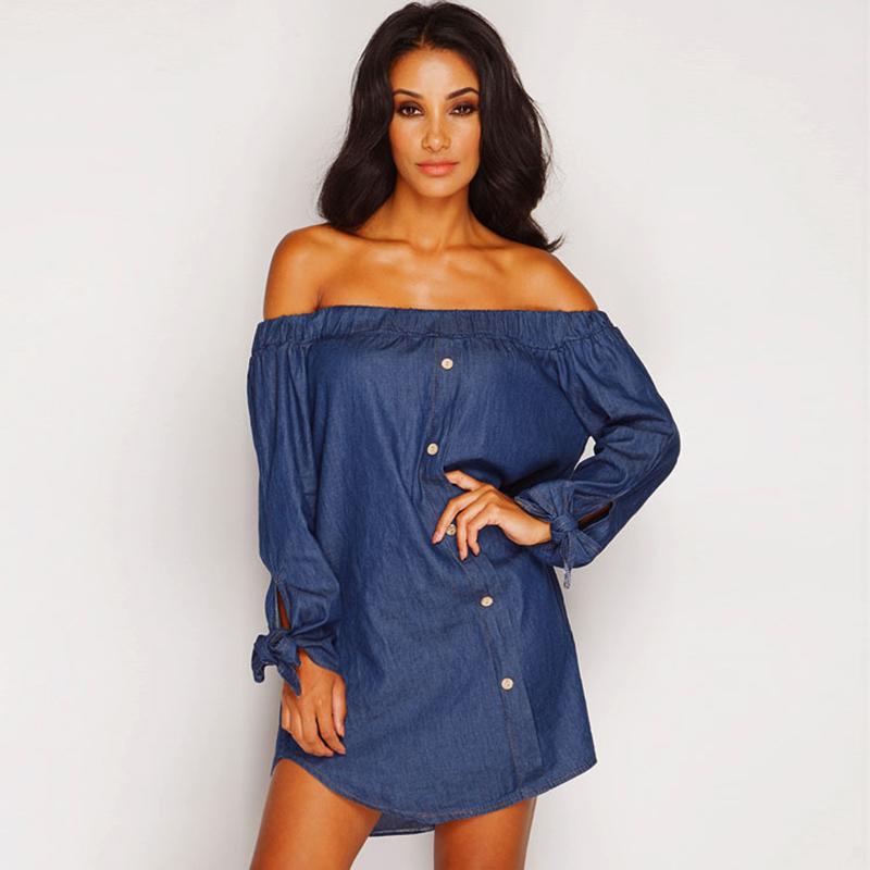 Off Shoulder Sexy Women Mini Dress Long Sleeve Strapless Autumn Short Dresses Button Backless Party Vestido Casual