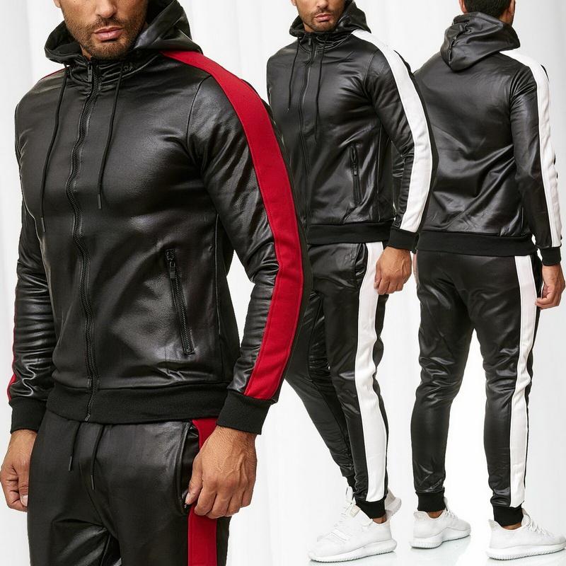 Men's 2-Piece Tracksuit: PU Leather Hoodies & Sweatpant Jogging Suit B2