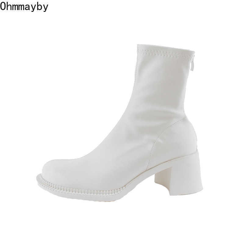 Women Ankle Boots Woman Square High Heel Fashion Zipper Women's Shoes 2021 Autumn Winter Soft Leather White Short Female Booties Y0905