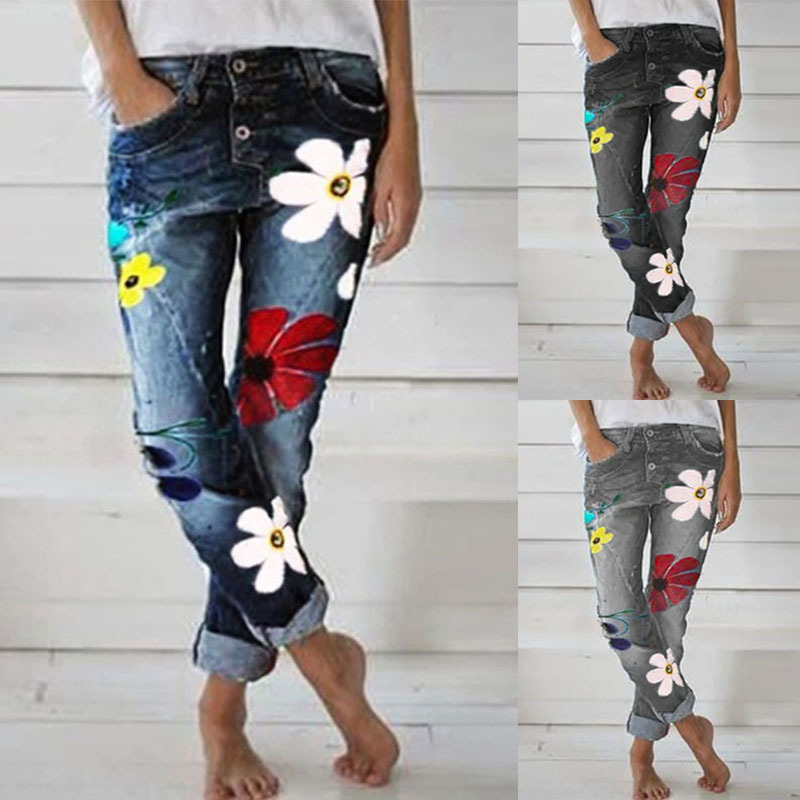 Women Floral Jeans High Waist Flower Print Trousers with Pockets Casual Bottoms Straight Denim Jeans Cargo Pants Women 210515