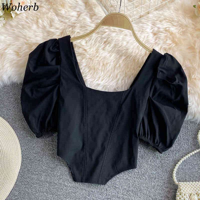 Women's Clothing Korean Blouses Square Neck Fashion Blusas Backless Lace-up White Puff Sleeve Shirts Irregular Crop Tops 210519