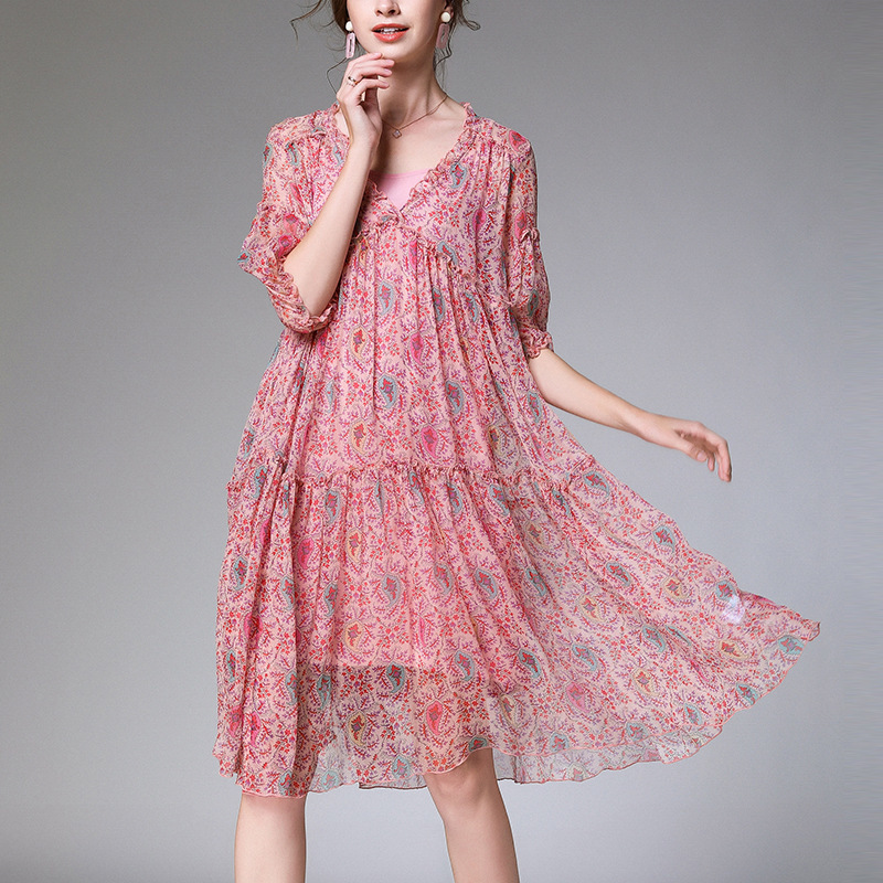 VKBN Large Size Summer Dress Women V-Neck Half Sleeve Chiffon Floral Print Plus Size Women Dress Fashion 210507
