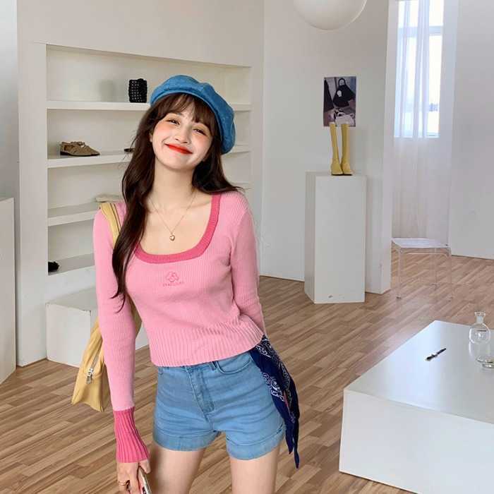 Korobov Korean Long Sleeve O Neck Women Sweaters Vintage Flower Embroidery Sueter Mujer Harajuku Hit Color Chic Jumper Femme 210830