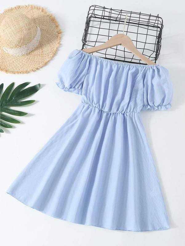 Girls Off Shoulder Puff Sleeve Frill Trim Dress SHE