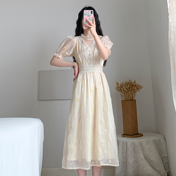 Women Retro Embroidery Floral Fairy Dress Vestido Summer Elegant Chiffon Short Sleeve High Waist Party Dresses Femme 210518