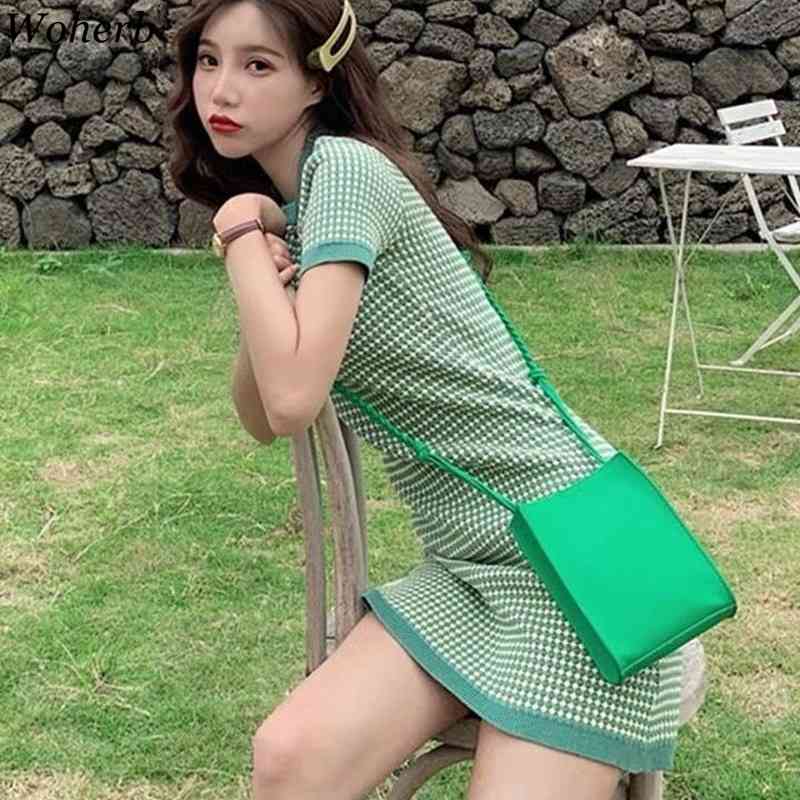 Women Knitted Dress Summer Short Sleeve Plaid Green O Neck Dresses Ladies Sweet Robe Korean Vestidos 210519