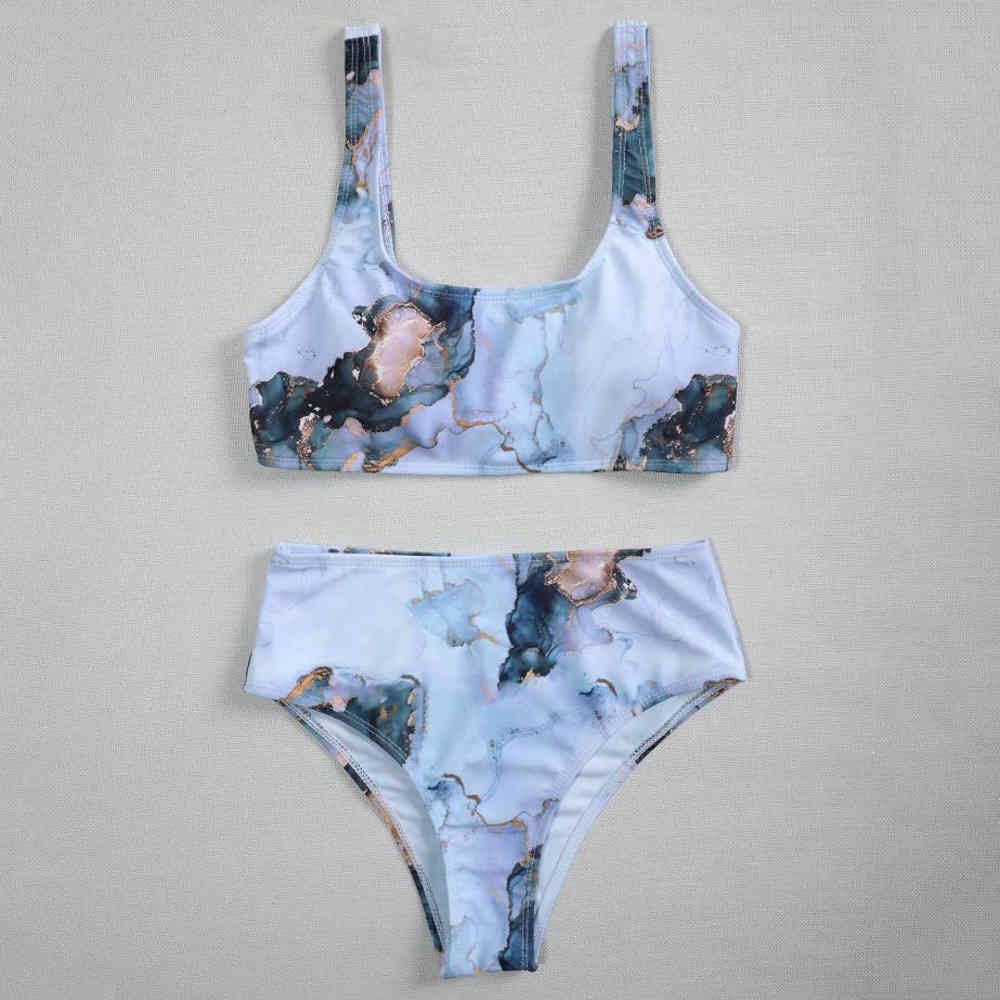 Marble Print Sport Bandeau Push Up Bikinis Sexy Women Swimsuit High Waist Swimwear Bathing Suit Brazilian Summer 210520