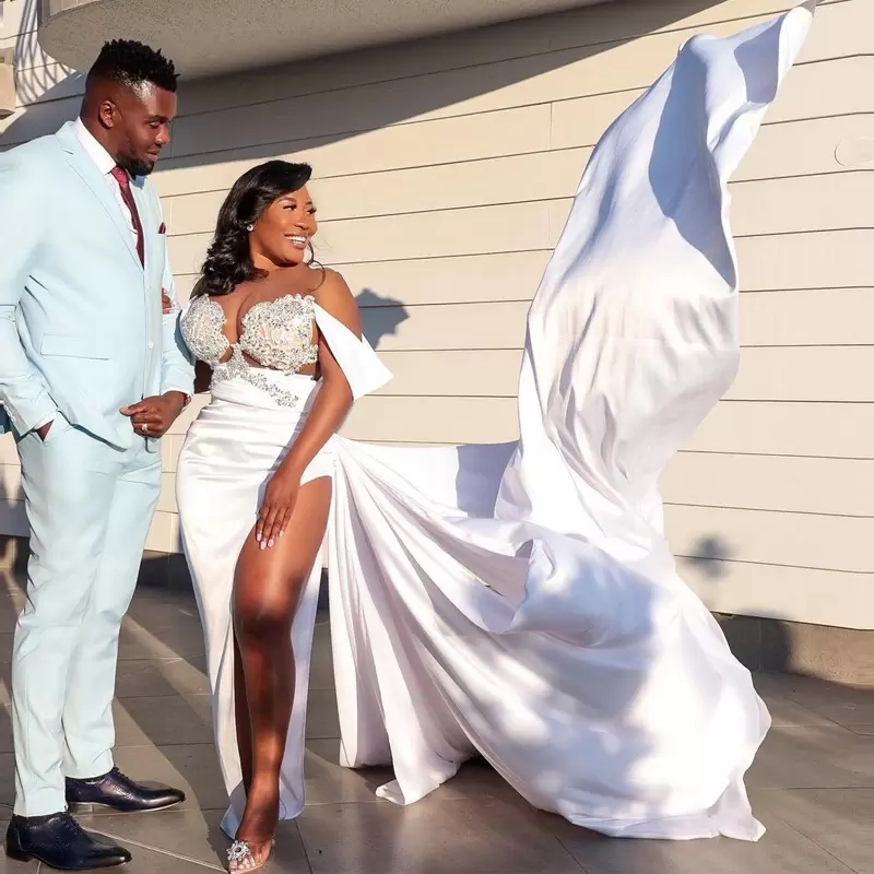 Satin Mermaid Prom Dress With Sheer Necke, Side Split & Train - Formal Evening Gown For Parties