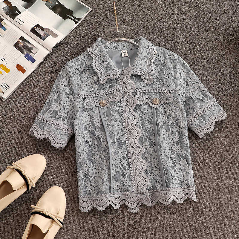 DEAT Women Lapel Short Sleeve Lace Skirt Arrivals Short Two Piece Set Temperament Fashion Spring Summer 11D769 210709