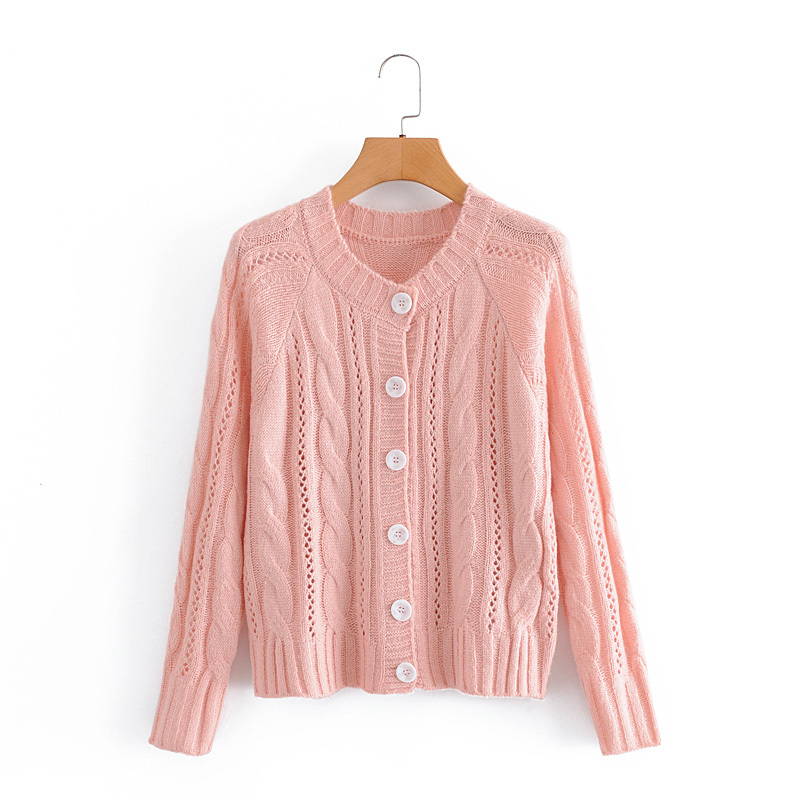 Women Autumn Sweet Solid Twist Hollow Single Breasted Knitted Cardigan loose Korean Sweater Coat Woman Tops 210514