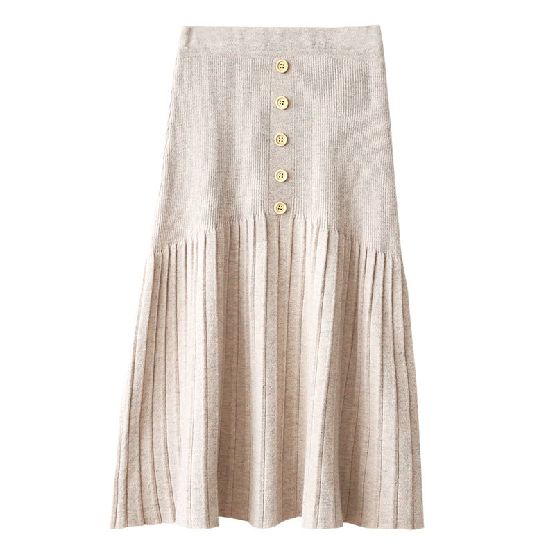 Nomikuma Women Knitted Skirts Autumn Winter Korean Buttons Pleated A-line Sweater Skirt New Elegant Faldas Mujer 6D217 210427