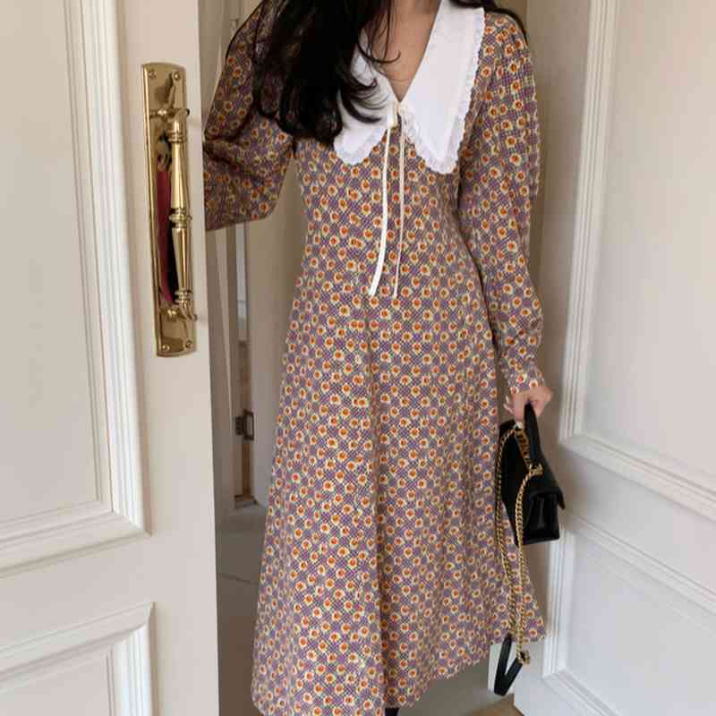 Korean Sweet Peter Pan Collar Vestidos Chic Lantern Sleeve Fashion Women Dresses Spring Print Slim Waist Femme Robe 210519
