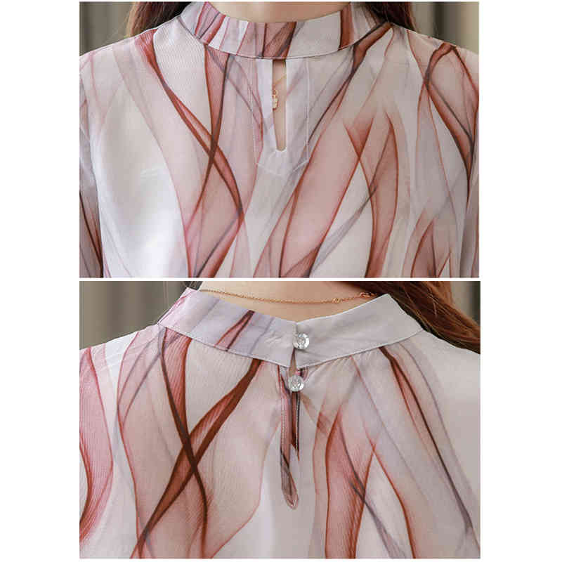 Summer Office Lady Top and Blouse Elegant Printed Stand Collar Short Sleeve Silk Tops Chemisier Femme 10071 210427