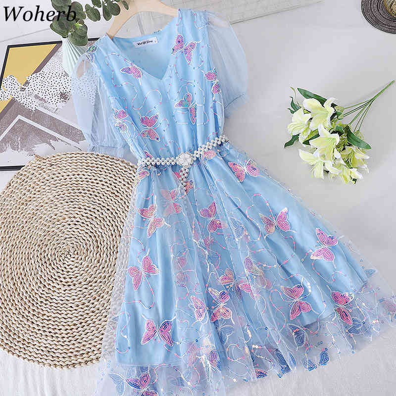 Elegant Lace Dress Women Sweet Mesh Robe Harajuku Butterfly Sequined Patch Kawaii Dresses Summer Casual Y2k Vestido 210519