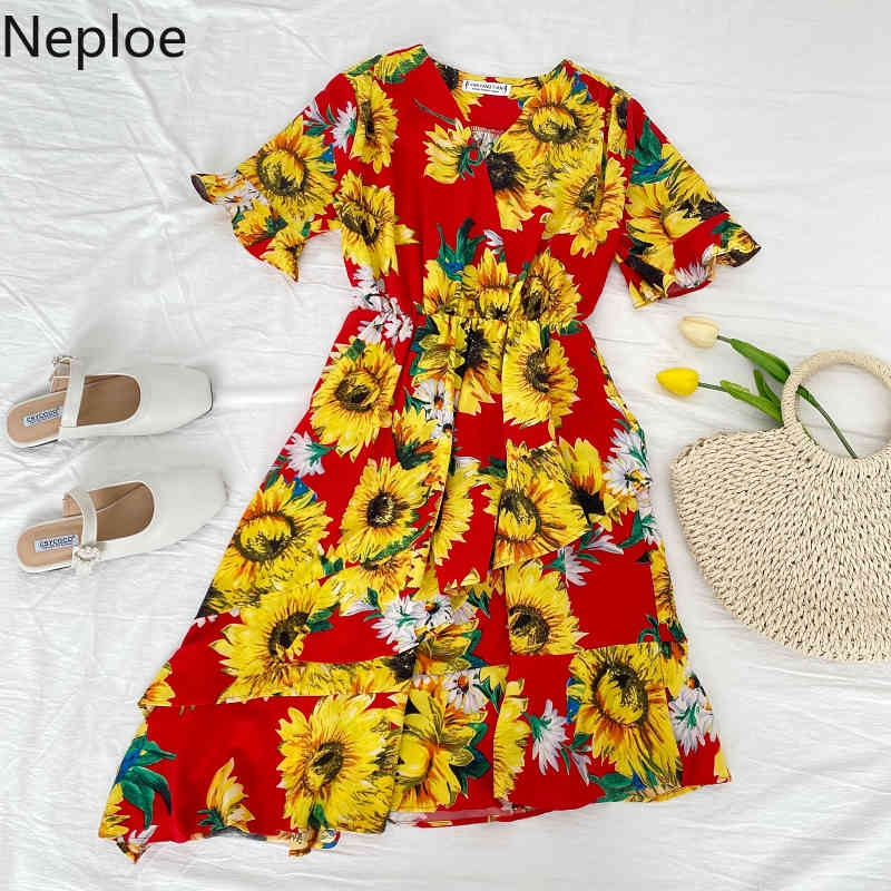Neploe Women's Dress Summer New Style Temperament Irregular Vestidos V Neck High Waist Slim Bandage Floral Split Dresses 4h571 210422