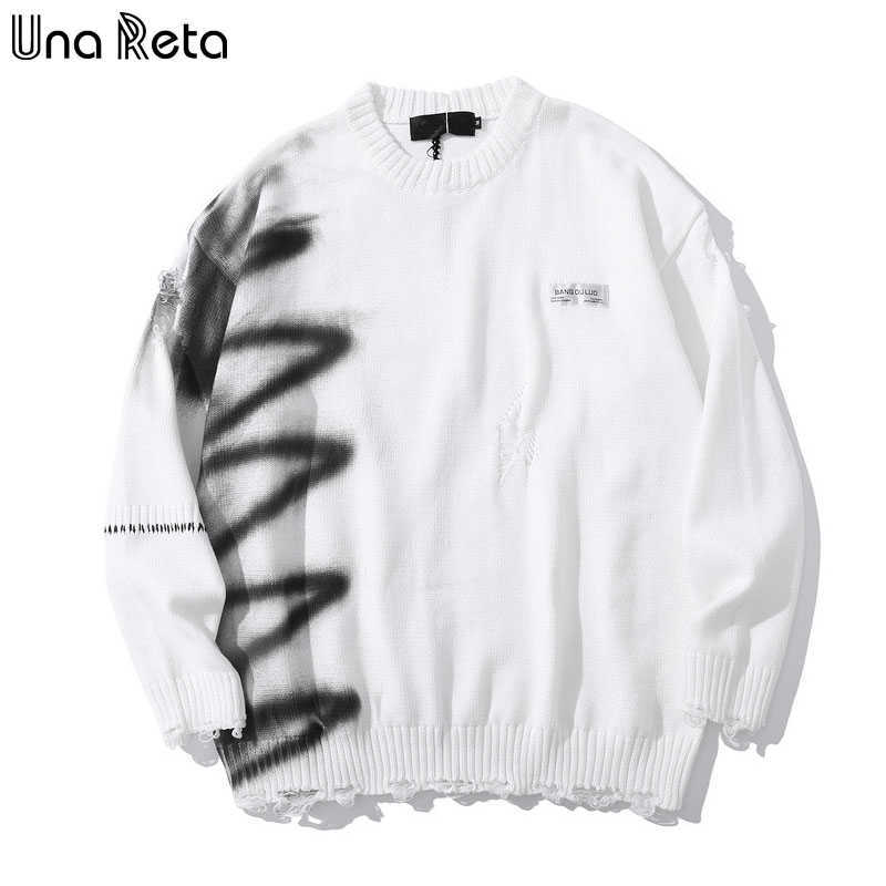 Una Reta Graffiti Sweater Men Autumn Streetwear Men's Clothes Hip Hop Pullover Men Hole Oversize Couple Sweater 210818
