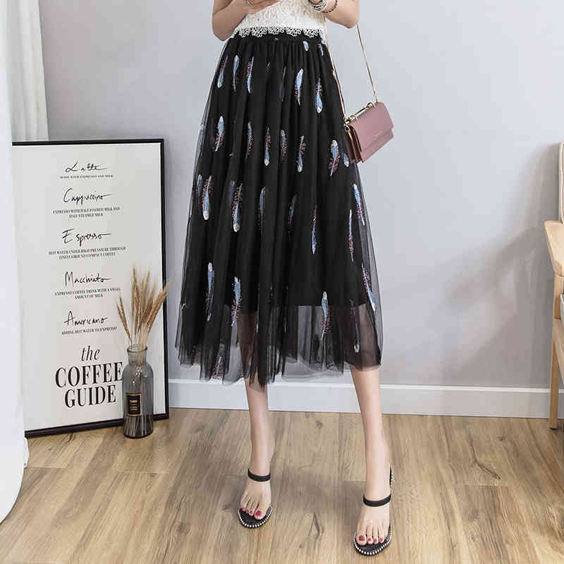 Spring and Summer Elegant Sweat Fairy Tulle Tutu Skirt Black Midi-skirt Korean Lace Embroidery Feathers Skirts 9588 210427