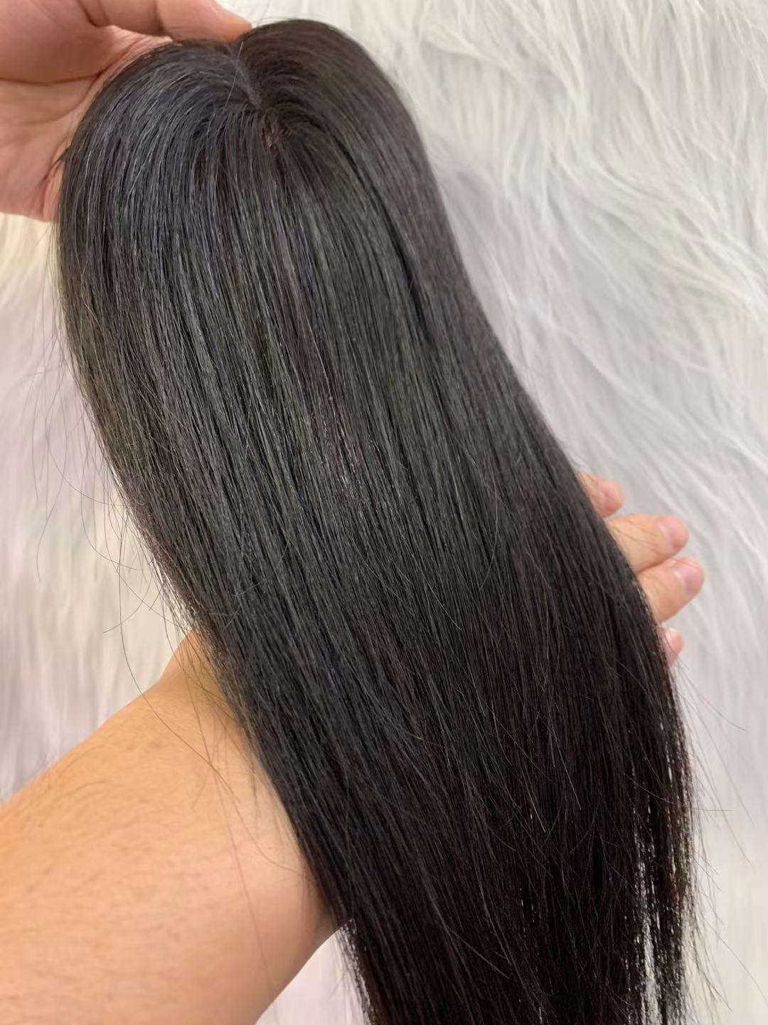 Slik Base Human Hair Topper Natural Black color 8*14cm Clip in Toupee Pieces Top Closure 120% Density for Women