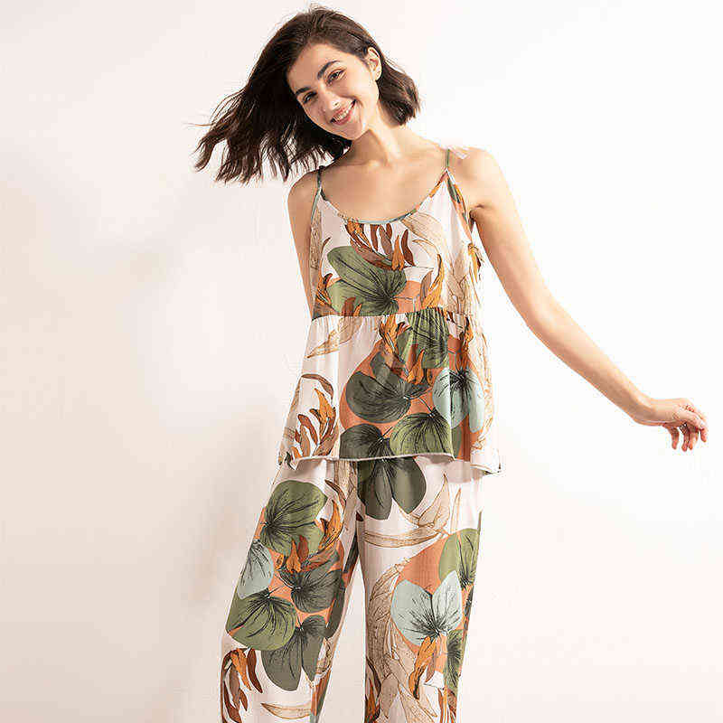 SPRING & FALL Ladies Pajamas Set Cartoon Banana Leaves Printed Women Comfort Loose Homewear Large Size Femme Sleepwaear 211118