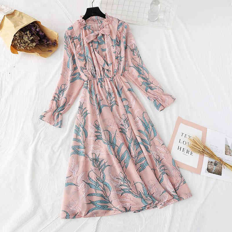 Women Elegant Long Dress Floral Print Bow Lotus Leaf Collar Lady Office Dress Vintage Long Sleeve Chiffon Dress Vestidos 210521