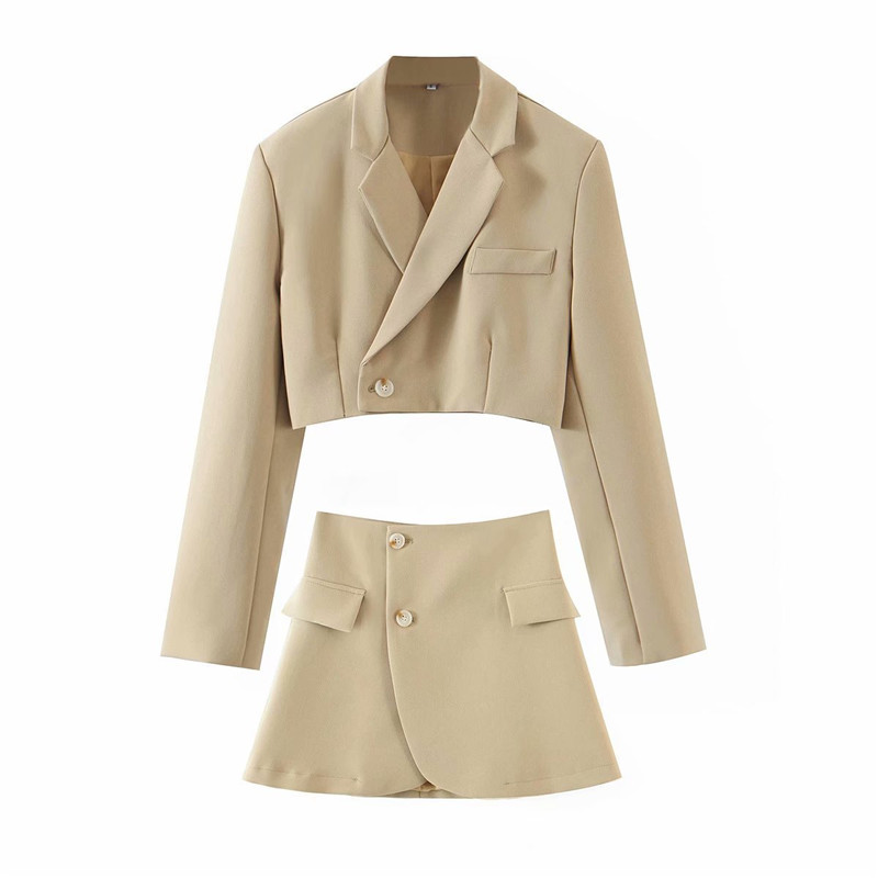 spring lapel one button short suit jacket crop top blazer mini skirt fashionable two-piece women 210514