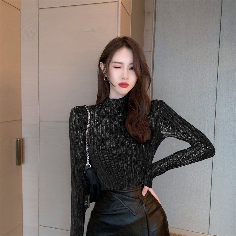 Wonder Spring Basic Blouse Shirts Striped Pattern Turtleneck Long Sleeve Elastic Korean Office Lady 210510