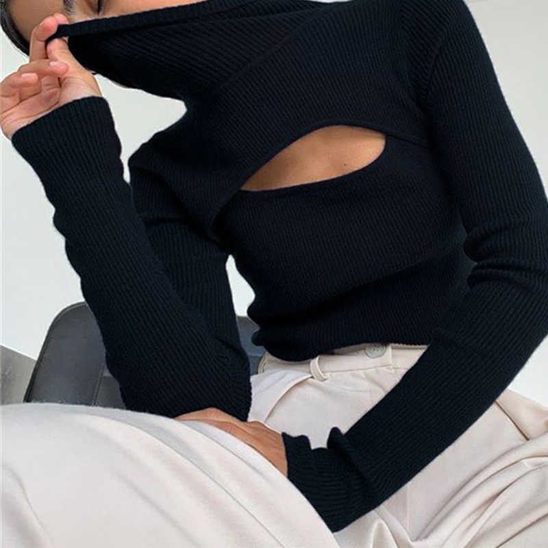 Women's Long Sleeve Turtleneck Sweater Pullovers Autumn Thin Cut Hollow Out Patchwork Slim Sweaters Ladies Sexy Office Top 211011Z