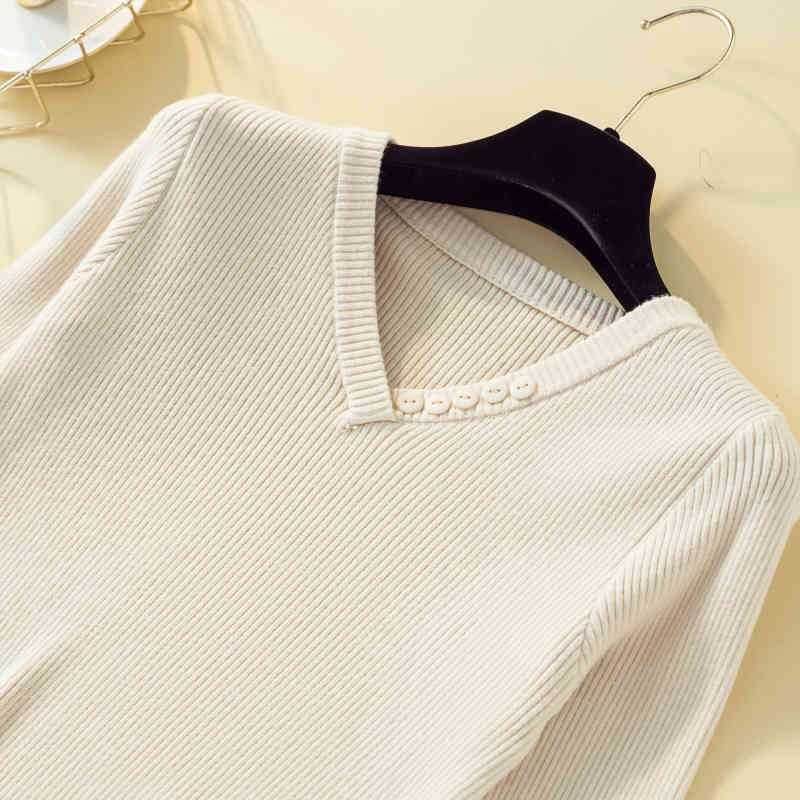 fashion women Shirt fall core yarn sweater pullovers office lady slim elegant Solid V-neck Button decoration sweater 7251 50 210518