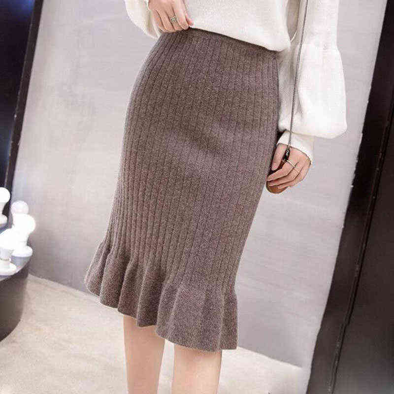 Lucyever Women High Waist Knitted Skirts Solid Elastic Mermaid Knitting Ribbed Female Autumn Winter Warm Mid-Long 211119