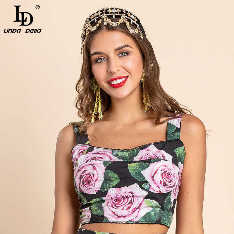 LD LINDA DELLA Summer Fashion Camis Corset Women Fashion Runway Sexy Spaghetti Strap Rose Flower Print Short Bustier 210625