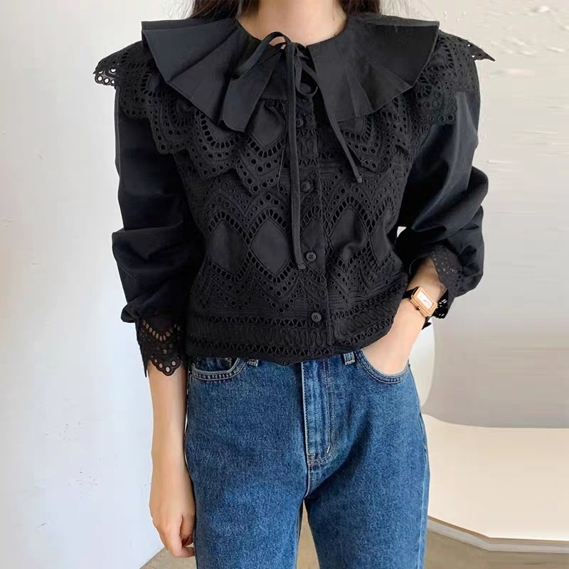 Sweet Hollow Out Lace Shirts Women Embroidery Peter Pan Collar Spring and Autumn Cotton Long Sleeve Women's Blouse 12717 210427