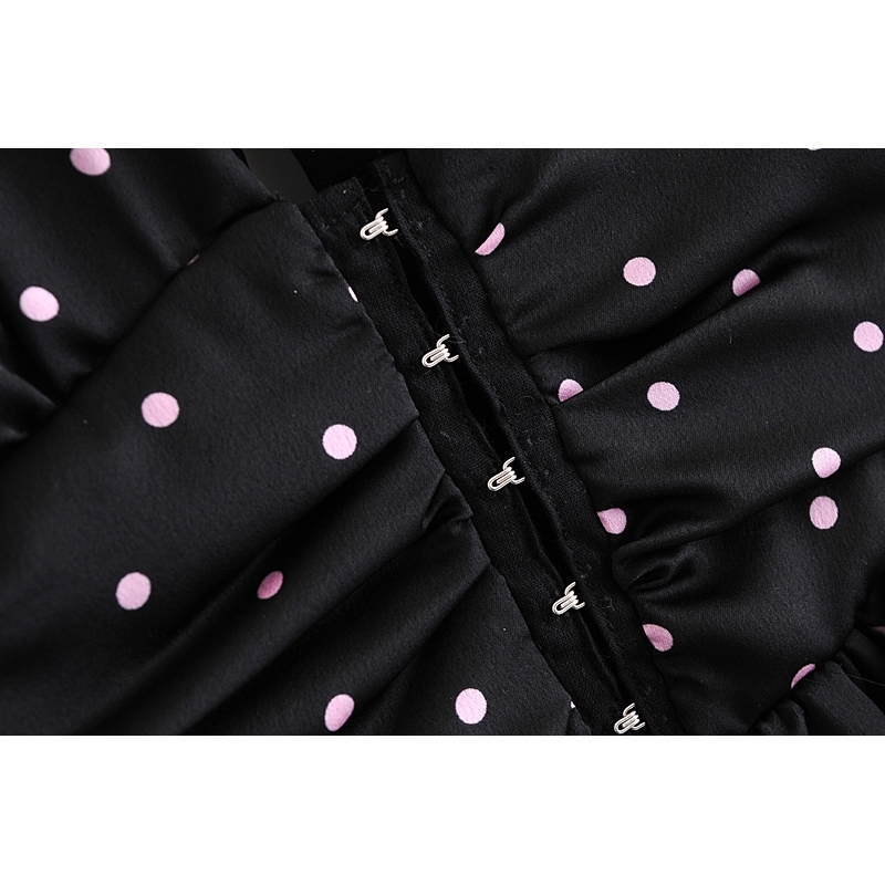 Retro Women Pink Polka Dot Print Black Long sleeve Mini Dress Sexy Pleated Ruched Hollow Out Back Party Dresses 210429