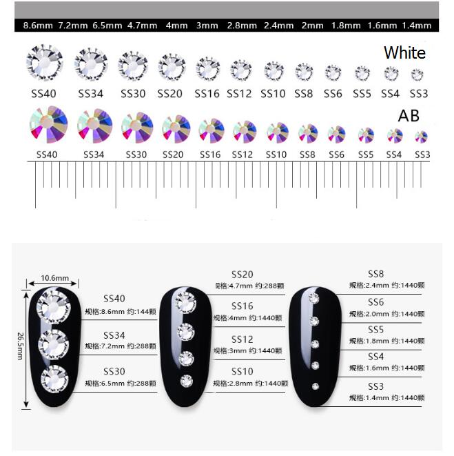 Nail Art Glitter Decorations Flat rhinestone 12 sizes 1440pcs/Pack SS3-SS50 Starry AB Rhinestones For Nails 3d Flatback Glass Strass Non Hotfix Crysta