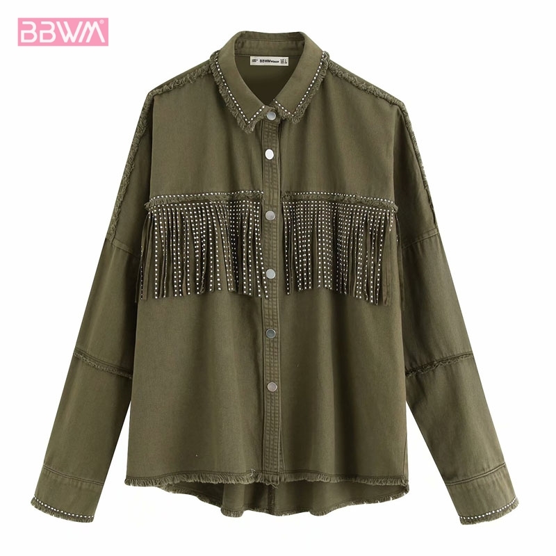 2109 Autumn Tassel Rivet Single-breasted Women's Jacket Tops Vintage Frayed Lapel Long Sleeve Army Green Denim Female Coat 210507