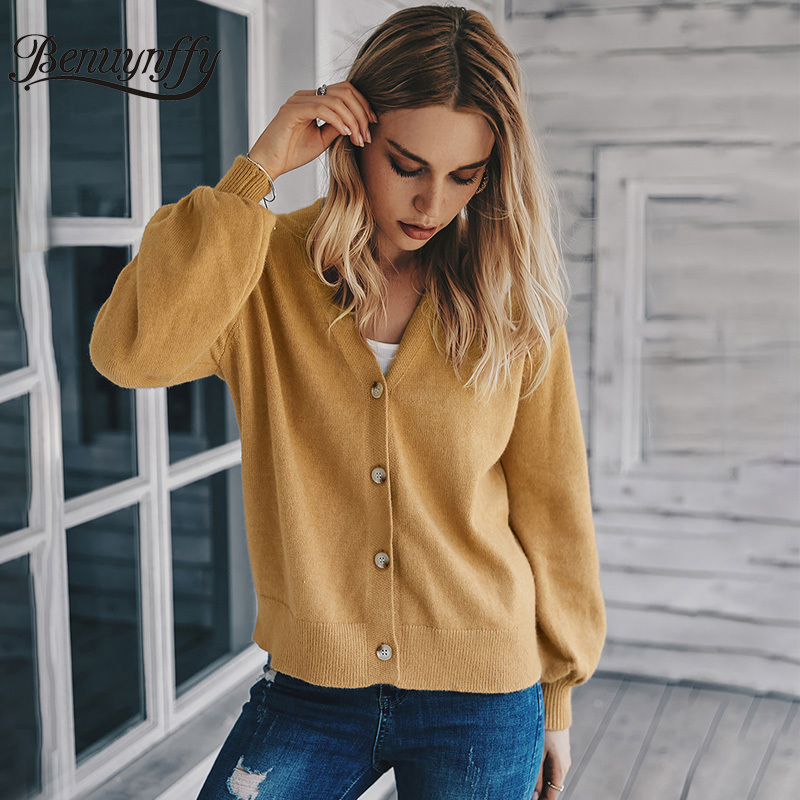 Solid V-Neck Long Sleeve Cardigan Women Autumn Winter Casual Knitted Sweater Outwear Female Knitwear Coat 210510