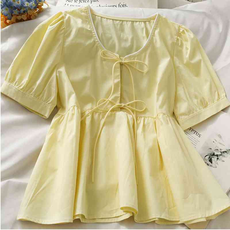 Kimutomo Sweet Wind Bow Lace Up Blouse Girls O Neck Short Sleeve Shirt Female Summer Solid Color Korean Chic Elegant 210521