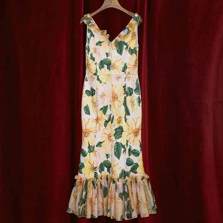 summer dress for women boho rose flower printed yellow floral sleeveless ruchend mermaid midi dresses chic england style 210421