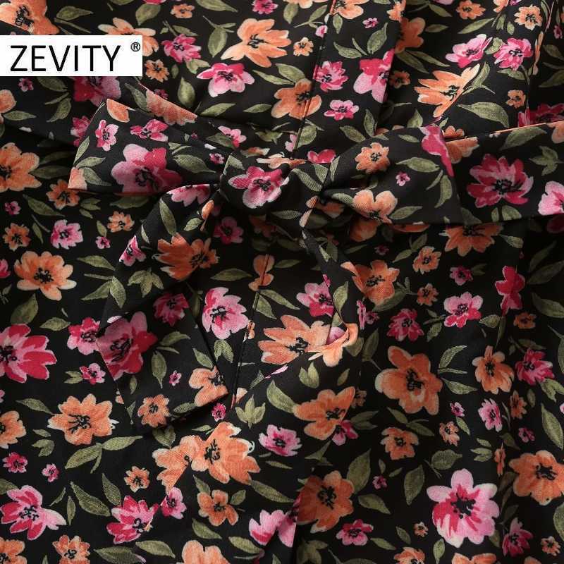 Zevity Autumn Women Fashion Turn Down Collar Flower Print Shirt Dress Office Ladies Chic Bow Tied Sashes Casual Vestido DS4574 210603