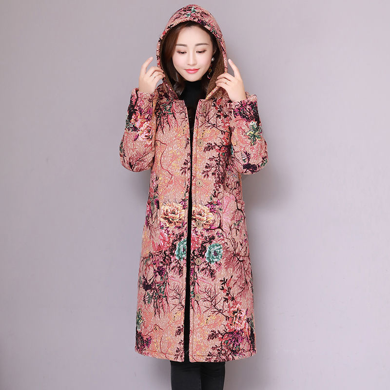 National Style Winter Women Long Parkas Vintage Print Loose Hooded Coat thicken Cotton Warm Jacket Female Coats Plus Size D251 210512