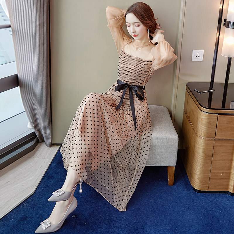 Retro Mesh Gauze Lace-up Dress Polka Dot Puff Long Sleeve High Waist Pleated es Sexy Women Party 210519